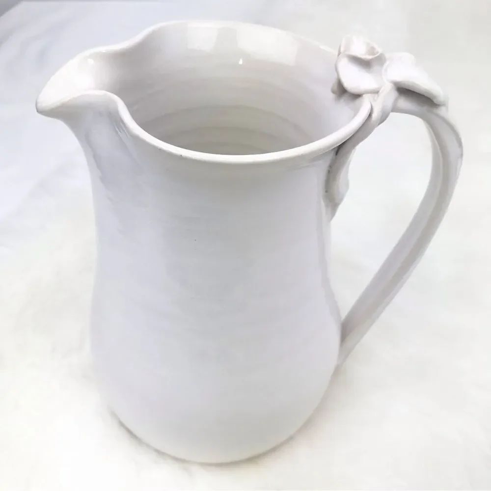 Studio Pottery Handmade Creamy White Ceramic Leaf and Stem Decorative Pitcher